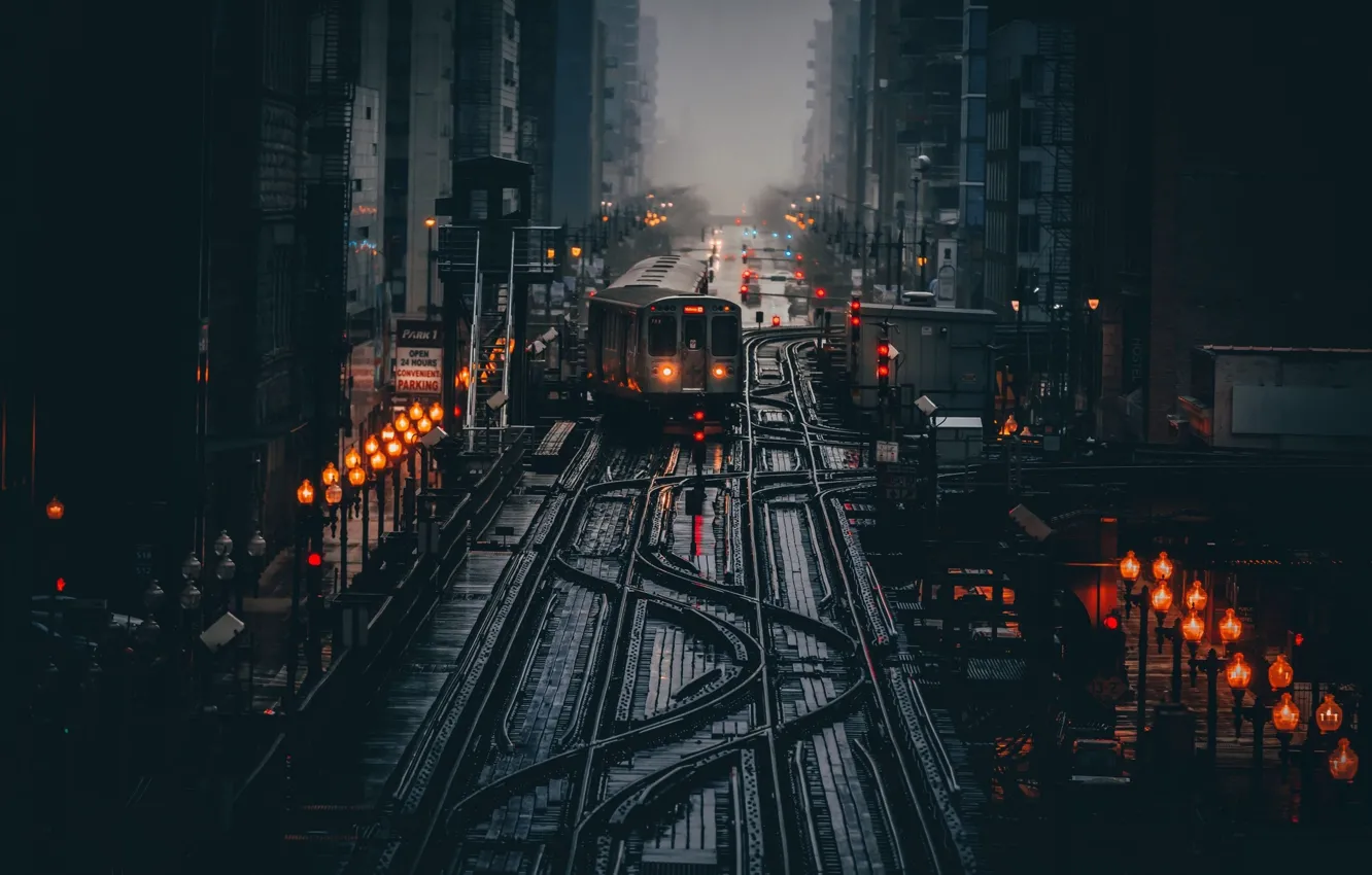 Photo wallpaper light, the city, lights, the darkness, train, morning, Chicago, lights