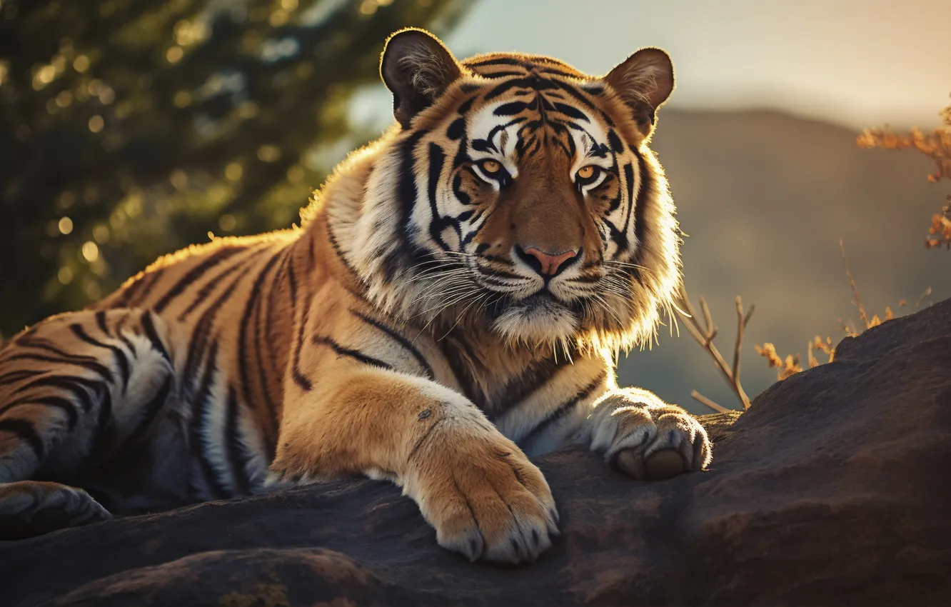 Photo wallpaper look, face, tiger, predator, front, big cat, digital art, AI art