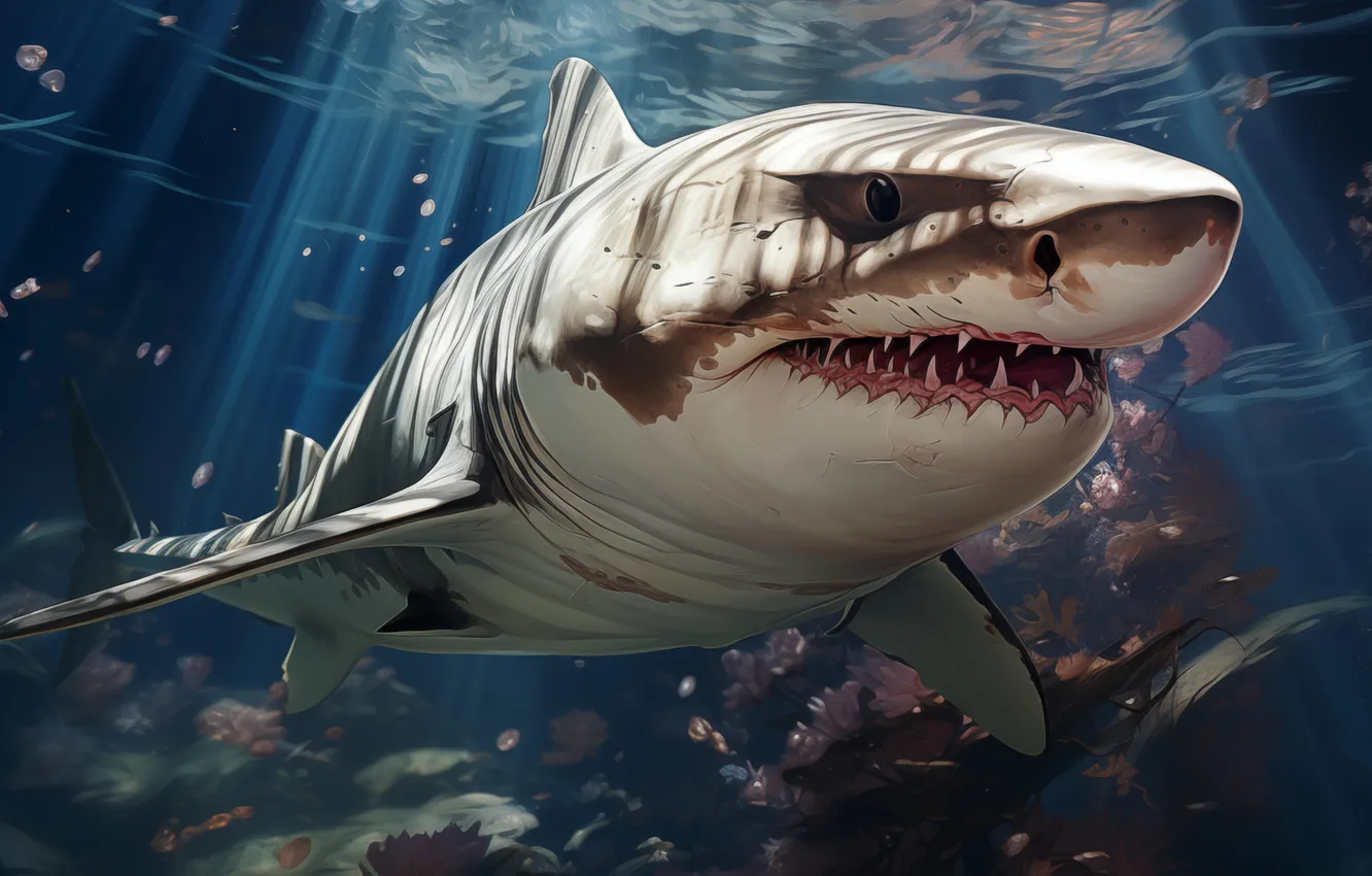 Photo wallpaper face, predator, shark, teeth, underwater world, digital art, AI art, The Art of Artificial Intelligence
