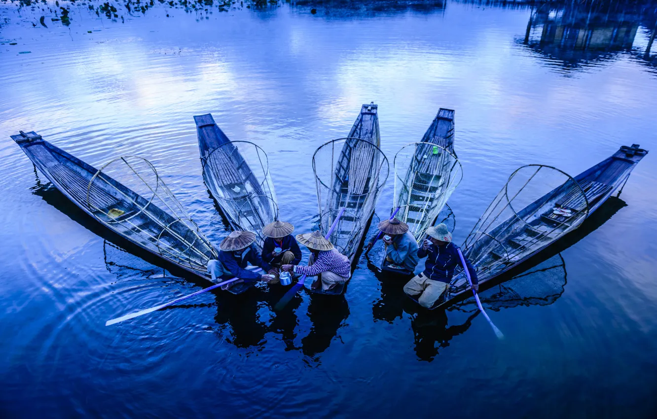 Photo wallpaper water, tea, boat, fishermen, Asian customs