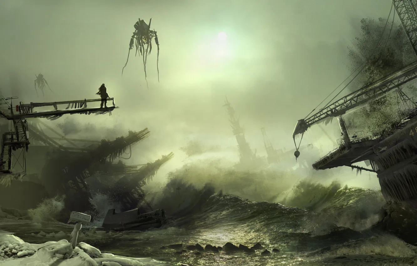 Photo wallpaper wave, people, robot, crane, port, alien