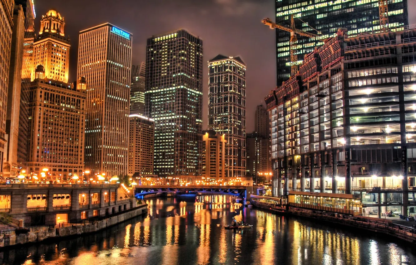 Photo wallpaper lights, Chicago, river