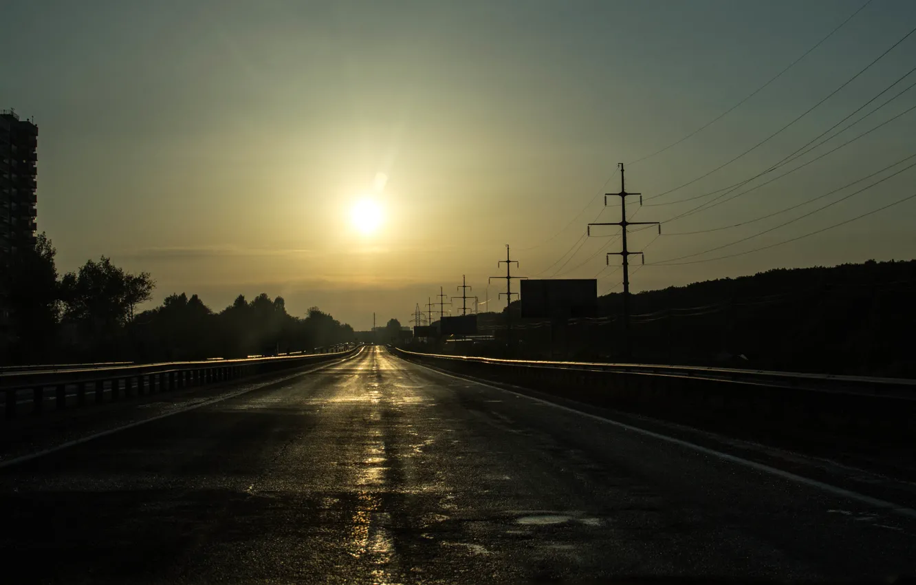 Photo wallpaper the sun, sunset, the city, Road