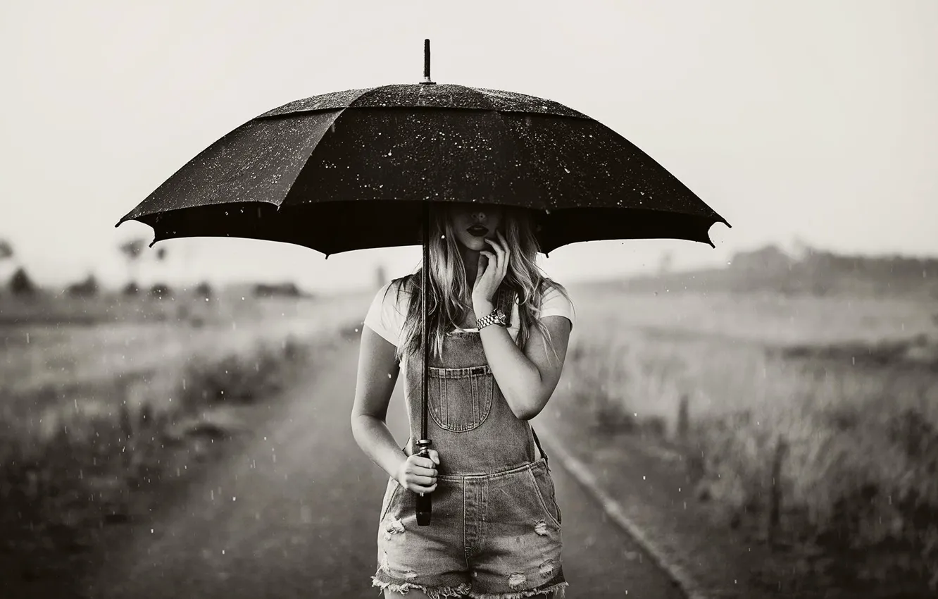 Photo wallpaper girl, photo, rain, white, umbrella, black