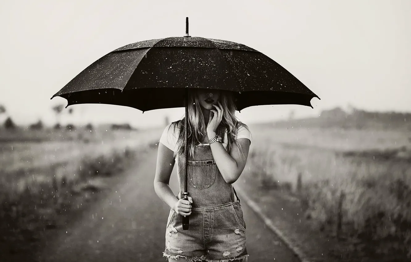 Photo wallpaper white, girl, photo, rain, umbrella, black