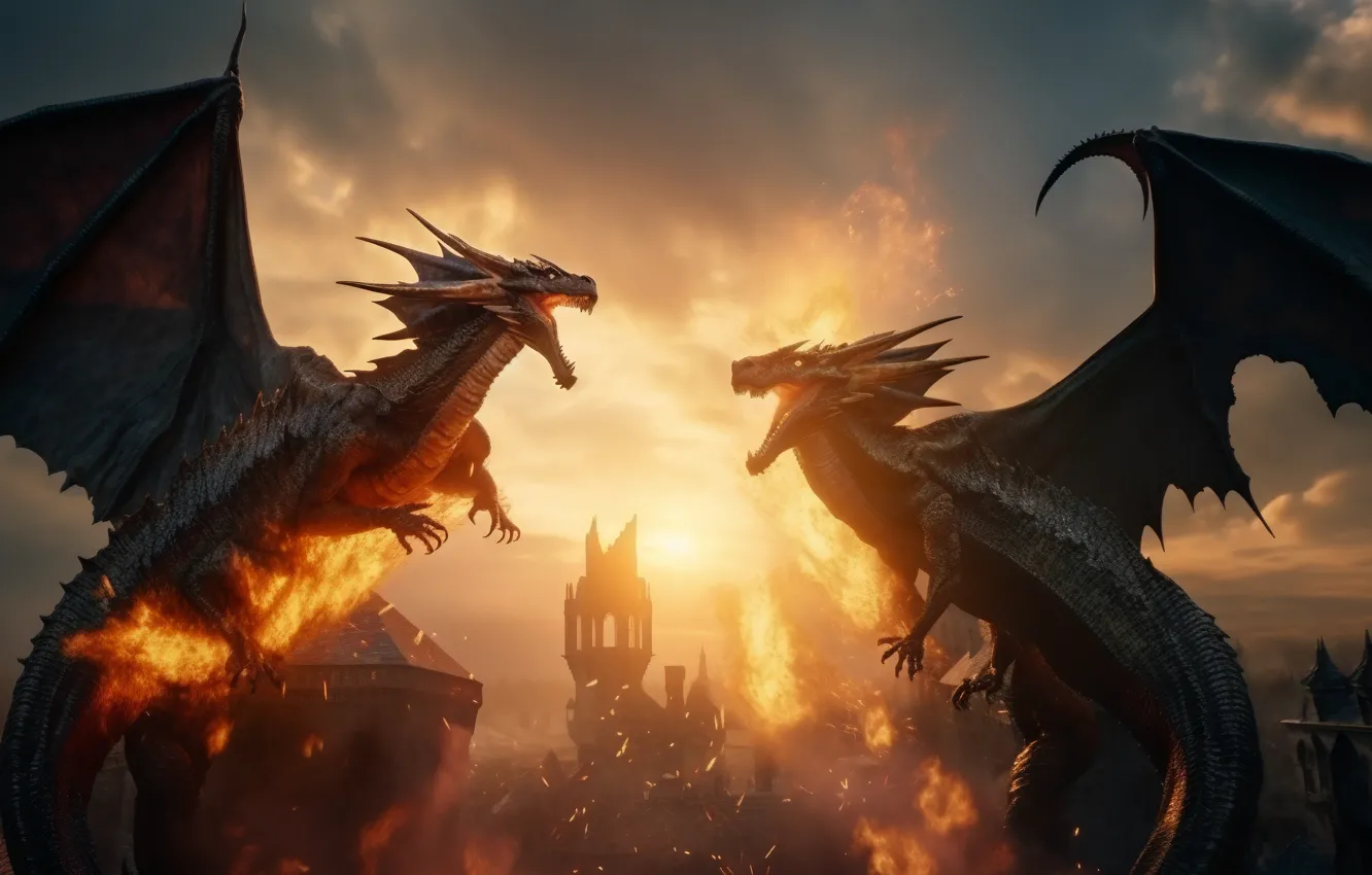 Photo wallpaper Fire, Castle, Wings, Two, Dragons, Digital art, Grin, AI art