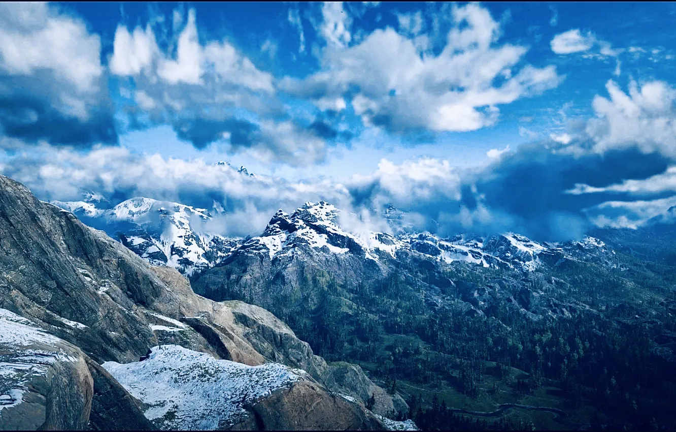 Photo wallpaper HDR, game, sky, trees, landscape, clouds, mountain, snow