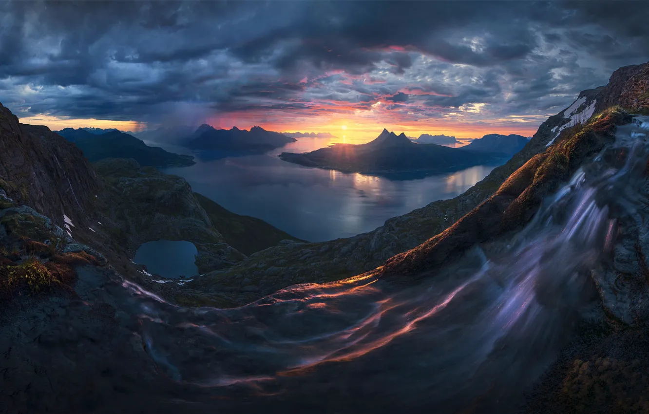 Photo wallpaper sunset, mountains, waterfall, the evening