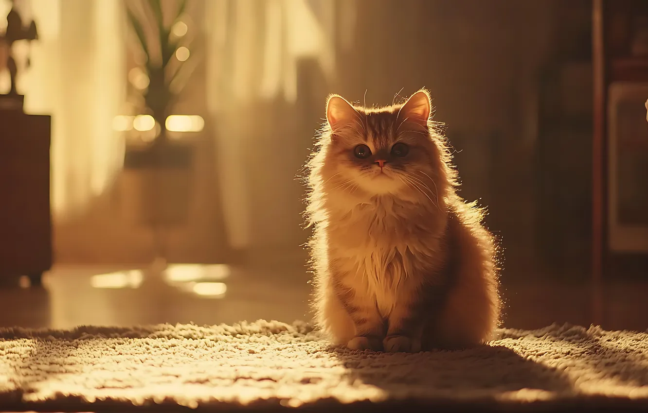 Photo wallpaper cat, look, light, pose, room, morning, window, haze