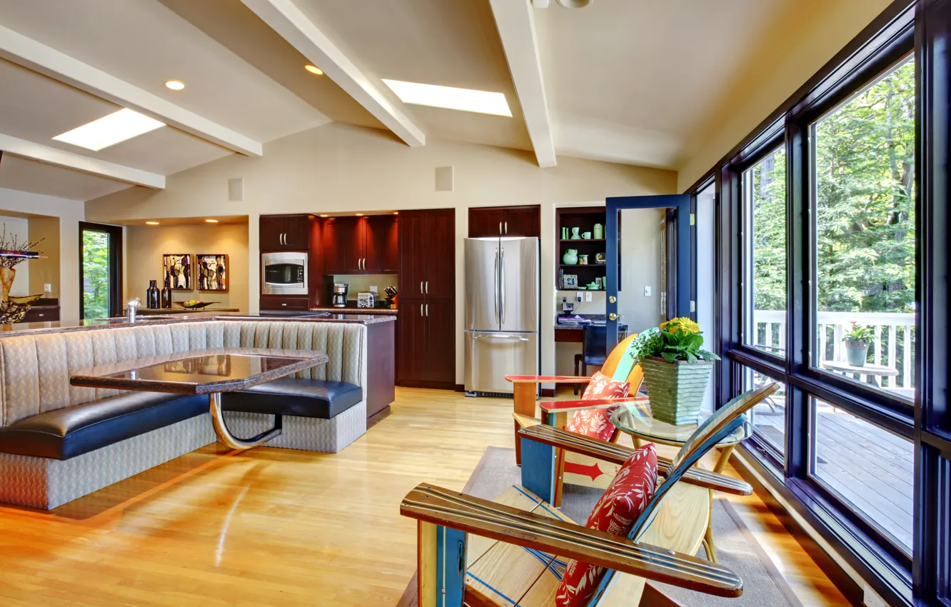 Photo wallpaper style, table, furniture, interior, chair, kitchen, balcony, living room