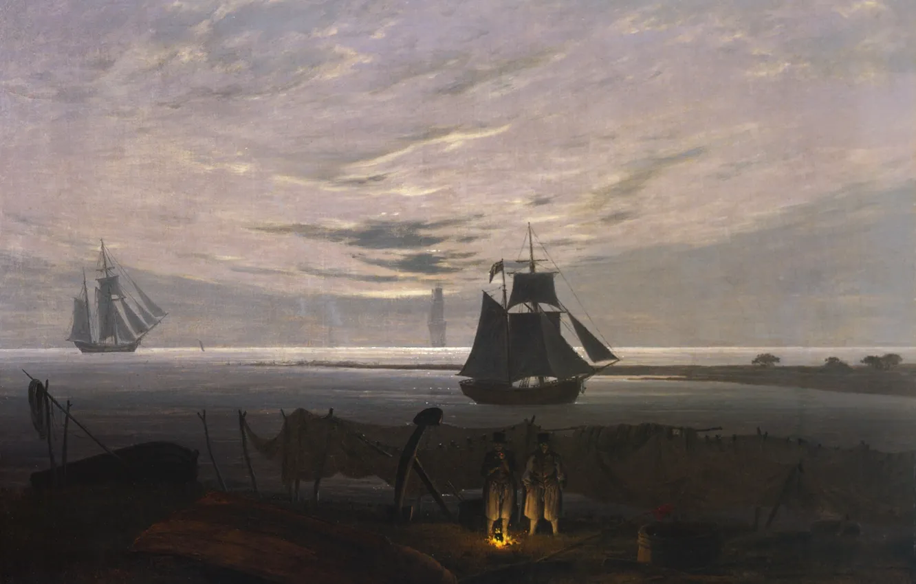 Photo wallpaper landscape, ship, picture, the fire, Caspar David Friedrich, Evening on the Baltic sea, parts