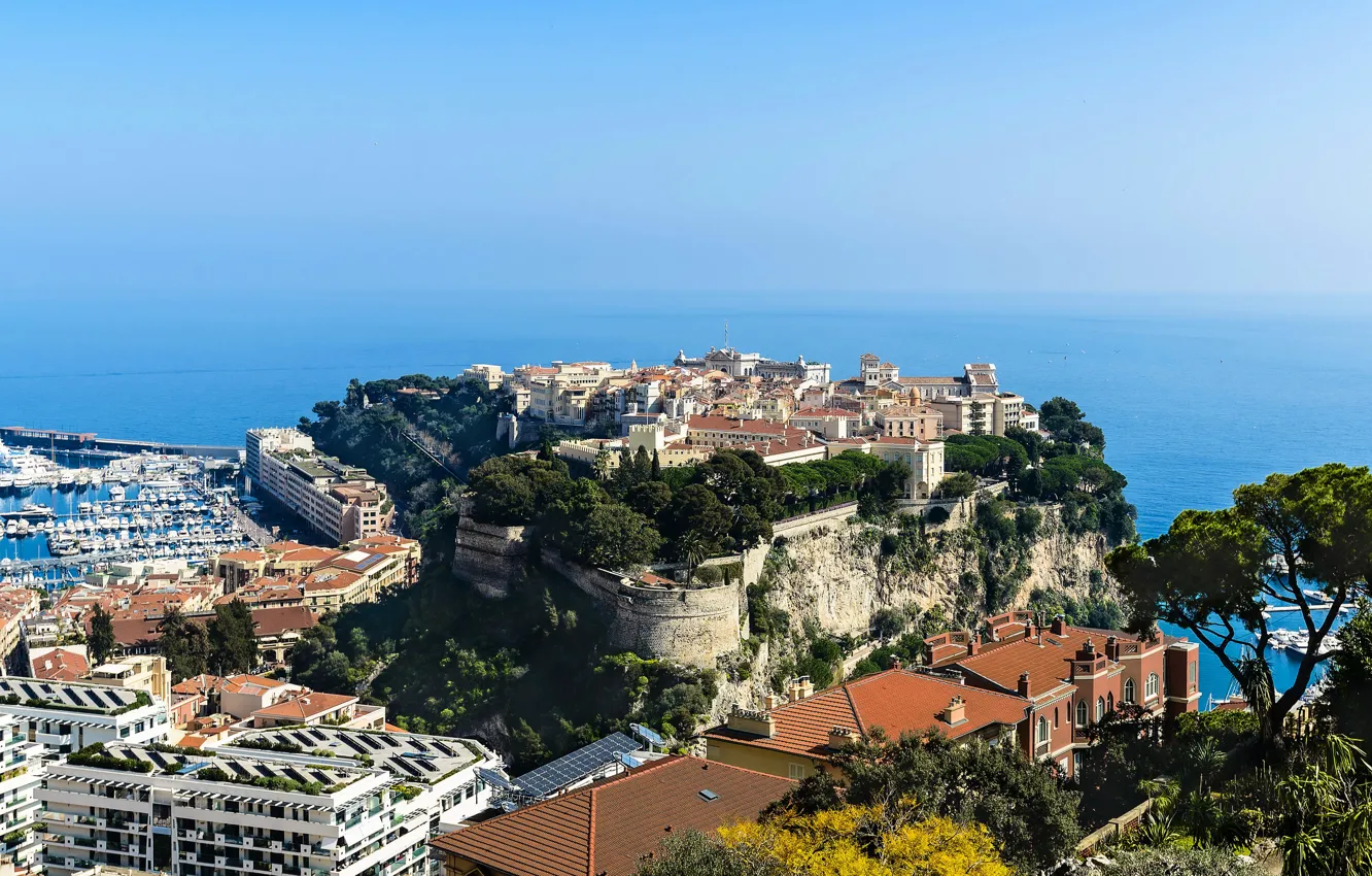 Photo wallpaper sea, the city, rocks, coast, home, horizon, the view from the top, Monaco