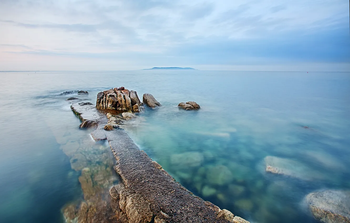 Photo wallpaper sea, stones, dawn, island, morning