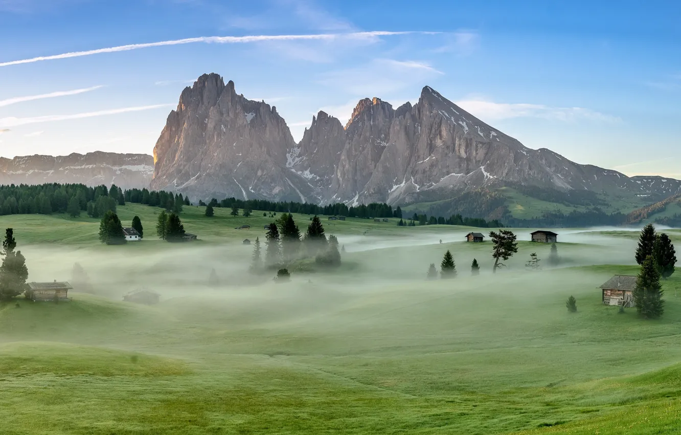 Photo wallpaper Italy, Morning, Fog, Dolomite Alps