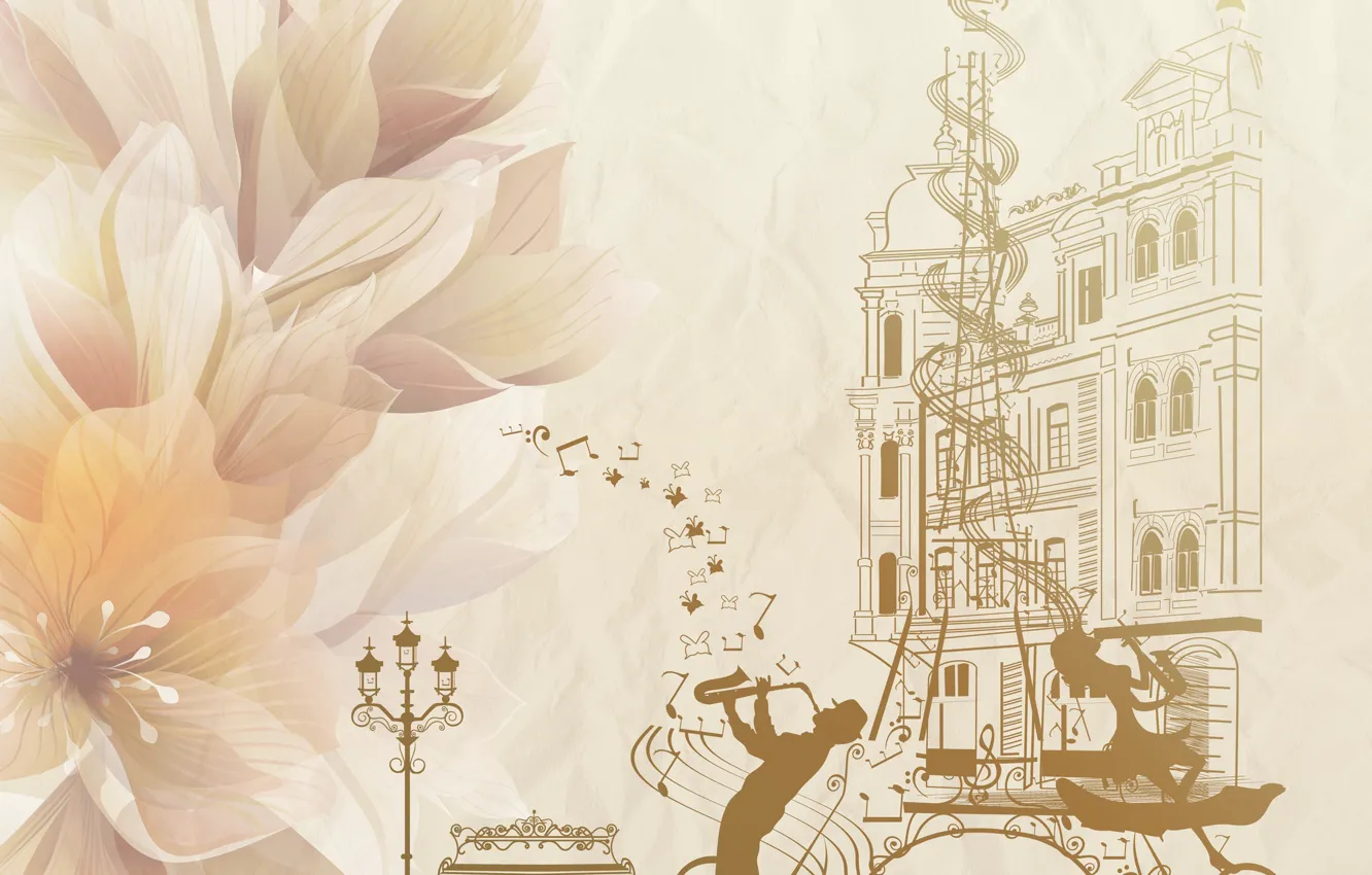 Photo wallpaper flower, girl, music, Eiffel tower, Paris, melody, the young man, saxophone