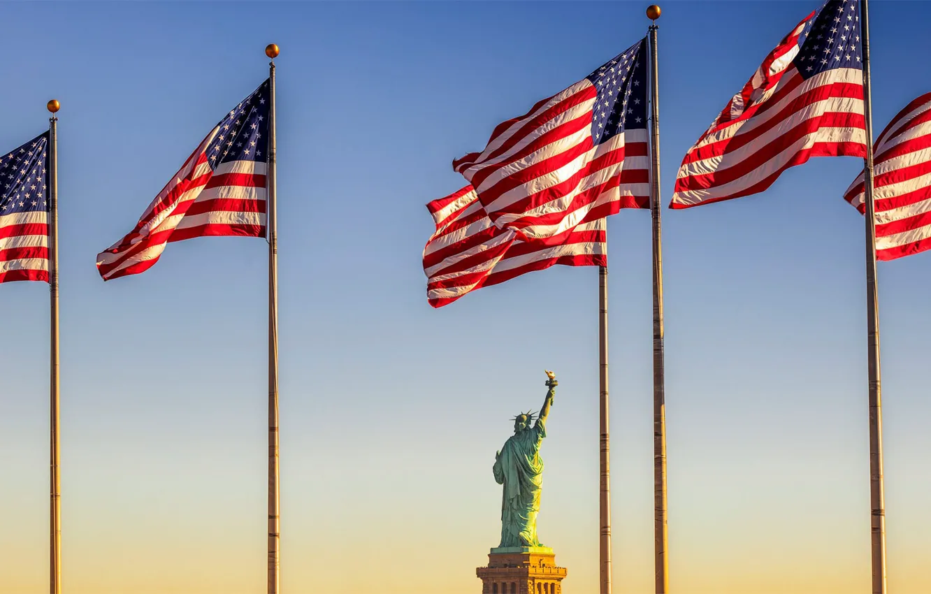 Photo wallpaper New York, flag, USA, the statue of liberty
