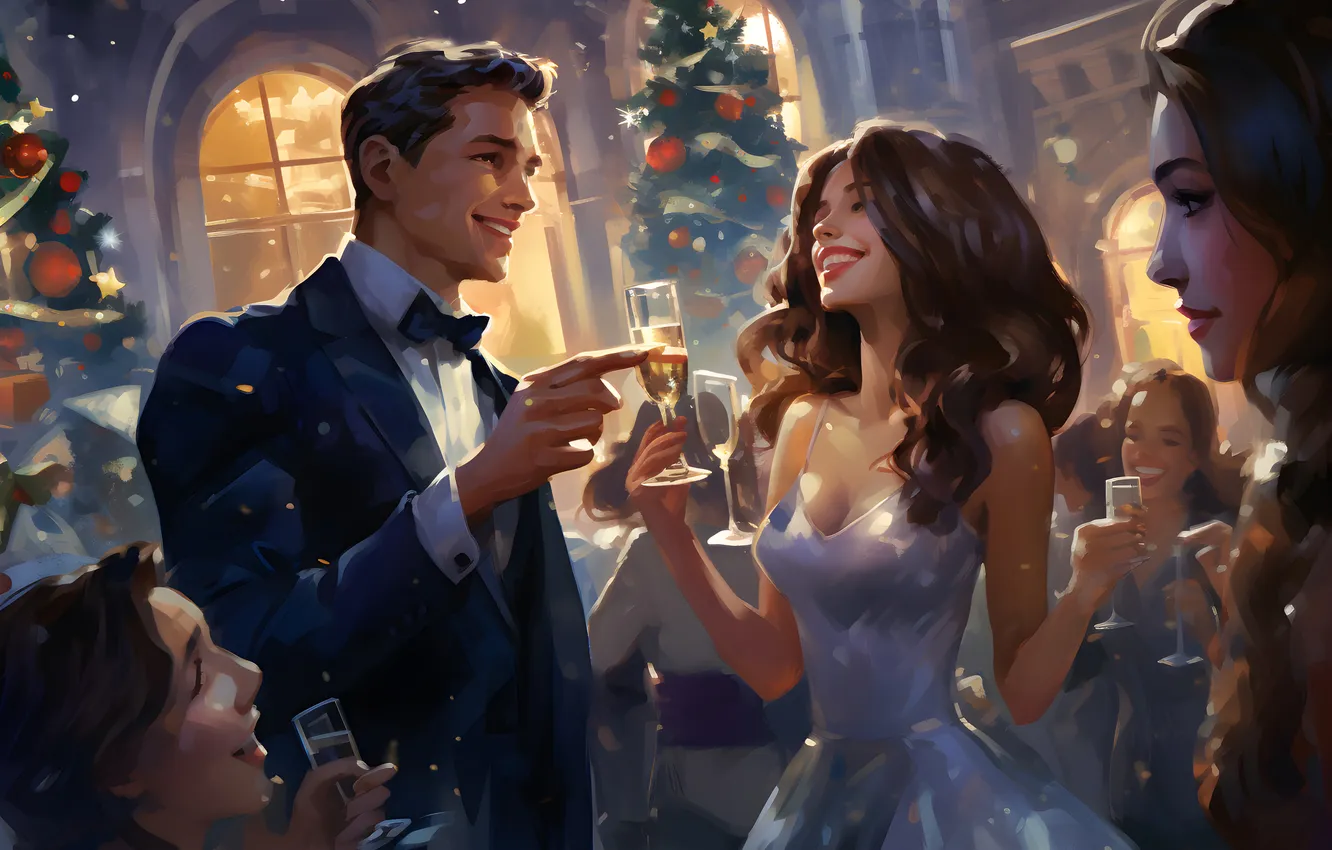 Photo wallpaper girl, joy, smile, glass, people, tree, new year, Christmas