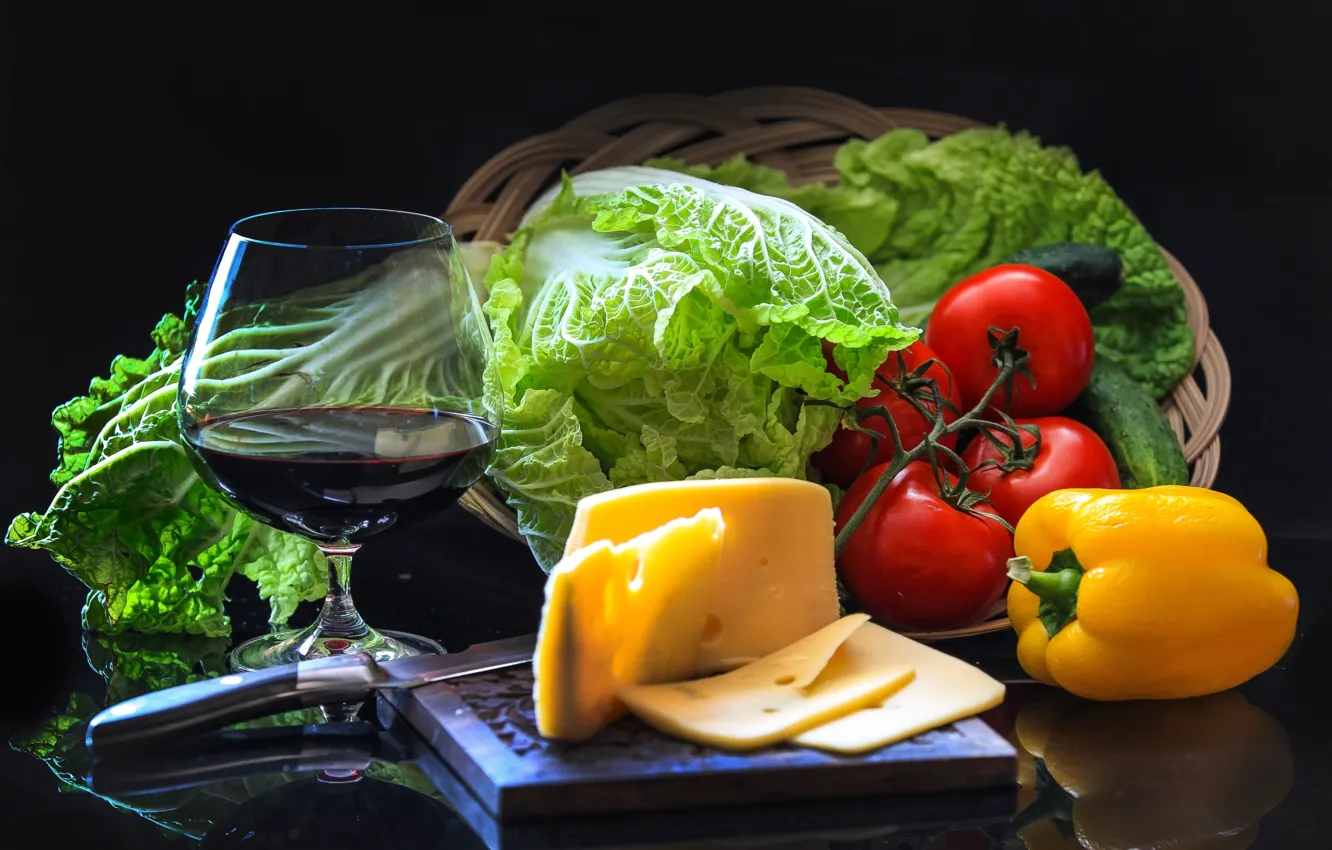 Photo wallpaper wine, glass, cheese, pepper, vegetables, tomatoes, cucumbers, salad