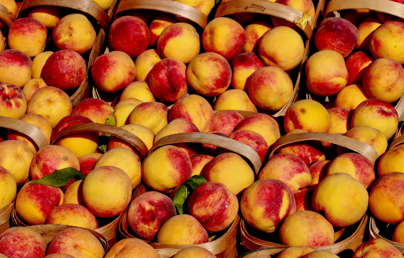 Photo wallpaper bright, harvest, fruit, basket, peaches, a lot, juicy