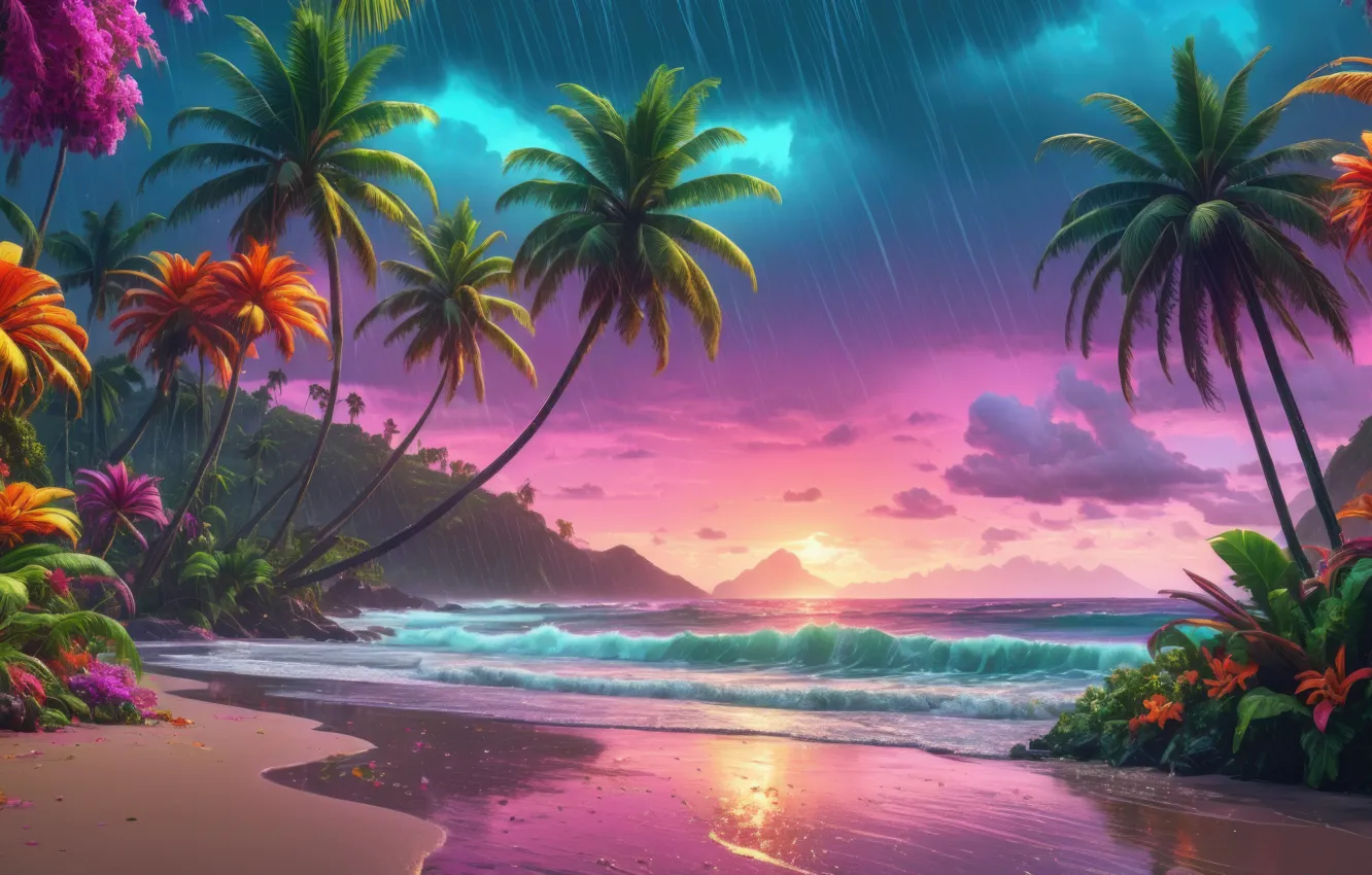 Photo wallpaper beach, palm trees, neon, neural network