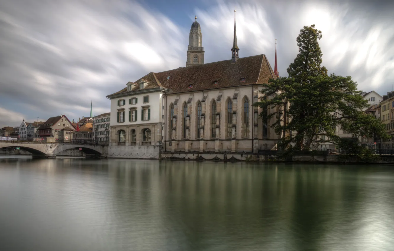 Photo wallpaper clouds, trees, bridge, river, home, Switzerland, Cathedral, Zurich