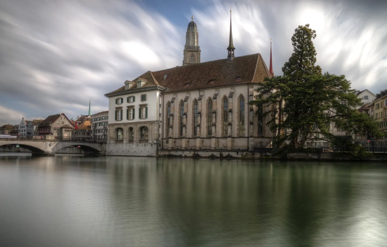 Photo wallpaper clouds, bridge, river, tree, home, Switzerland, Cathedral, Zurich