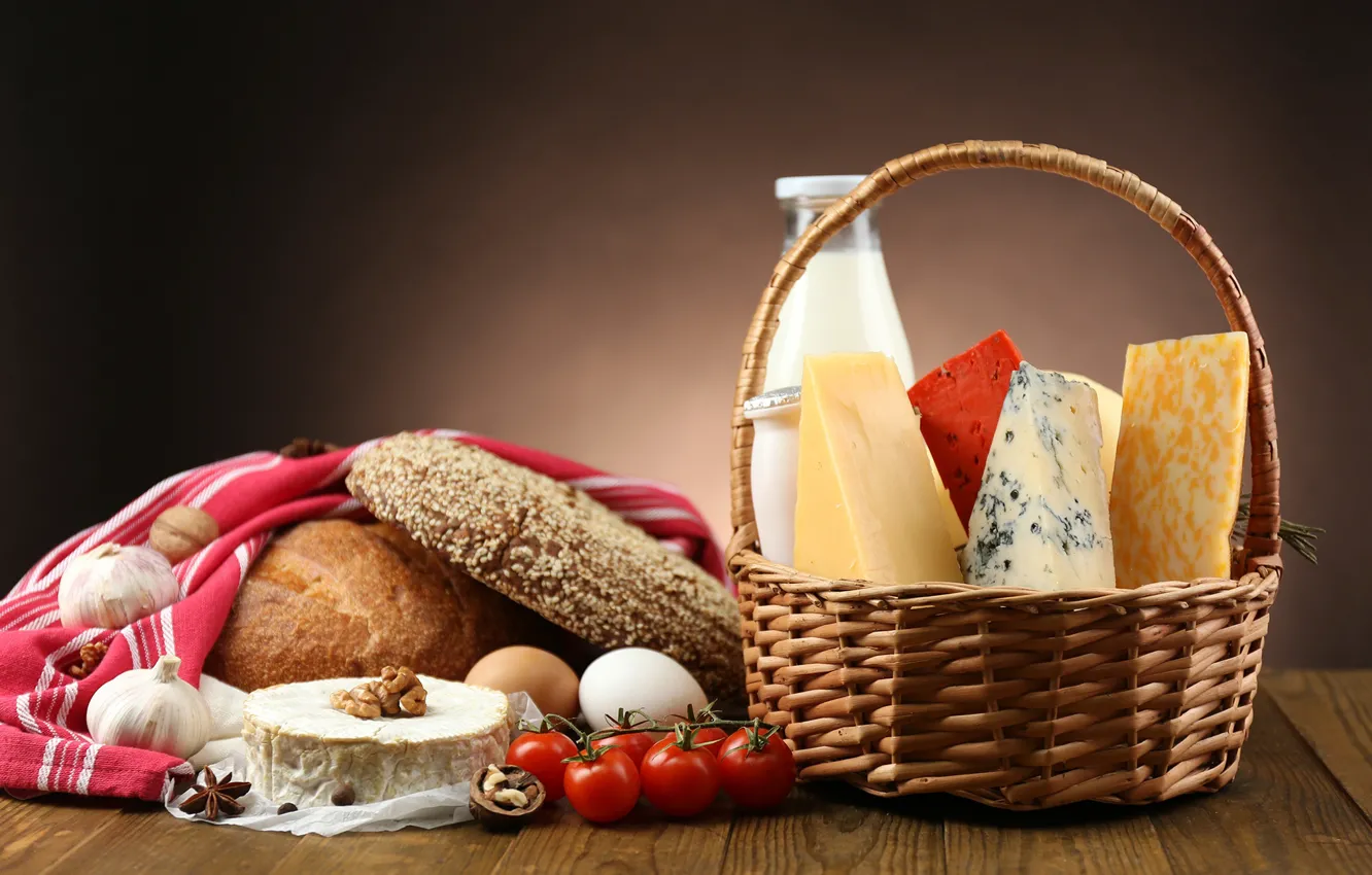 Photo wallpaper basket, cheese, milk, bread, tomatoes, cakes
