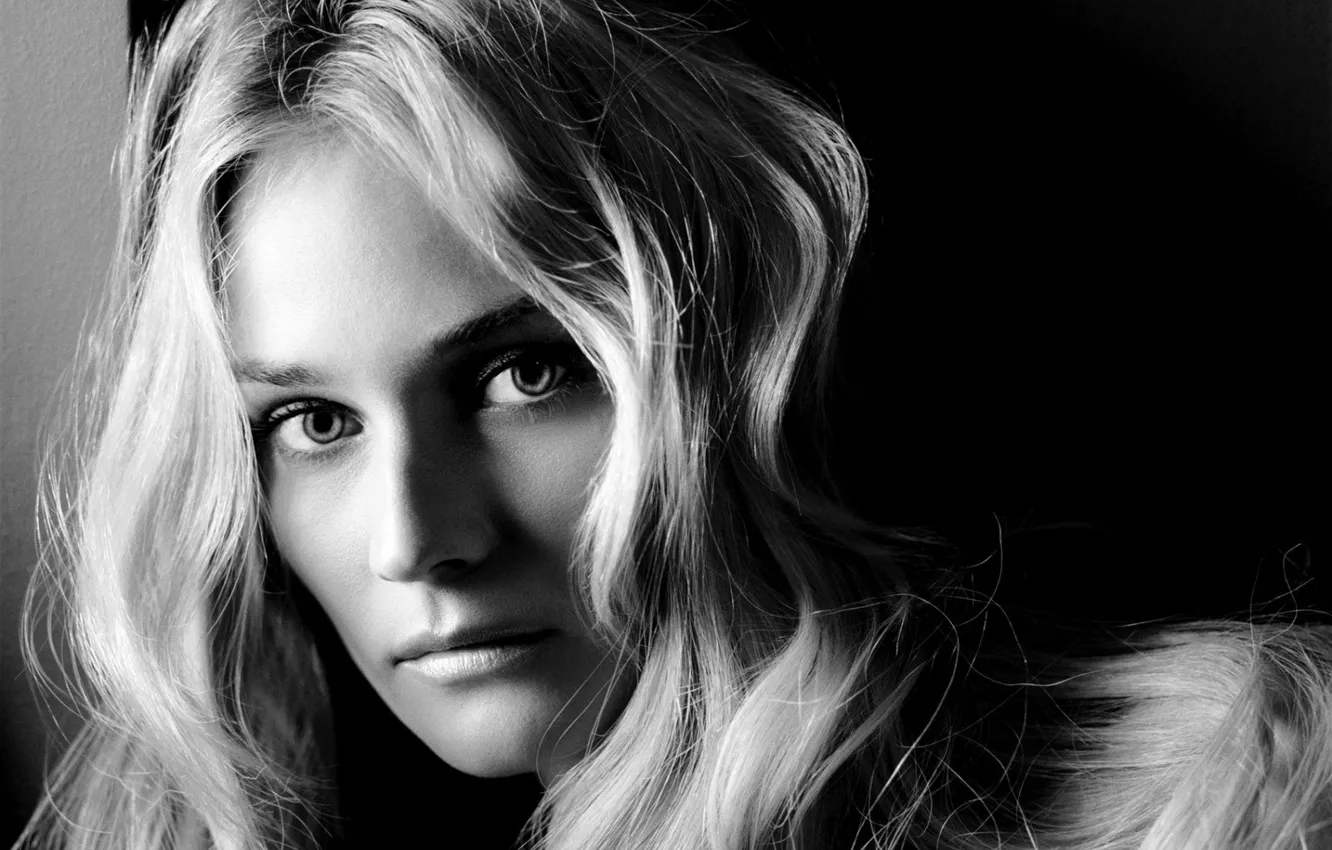 Photo wallpaper look, girl, actress, blonde, black and white, Diane Kruger, Diane Kruger, hair