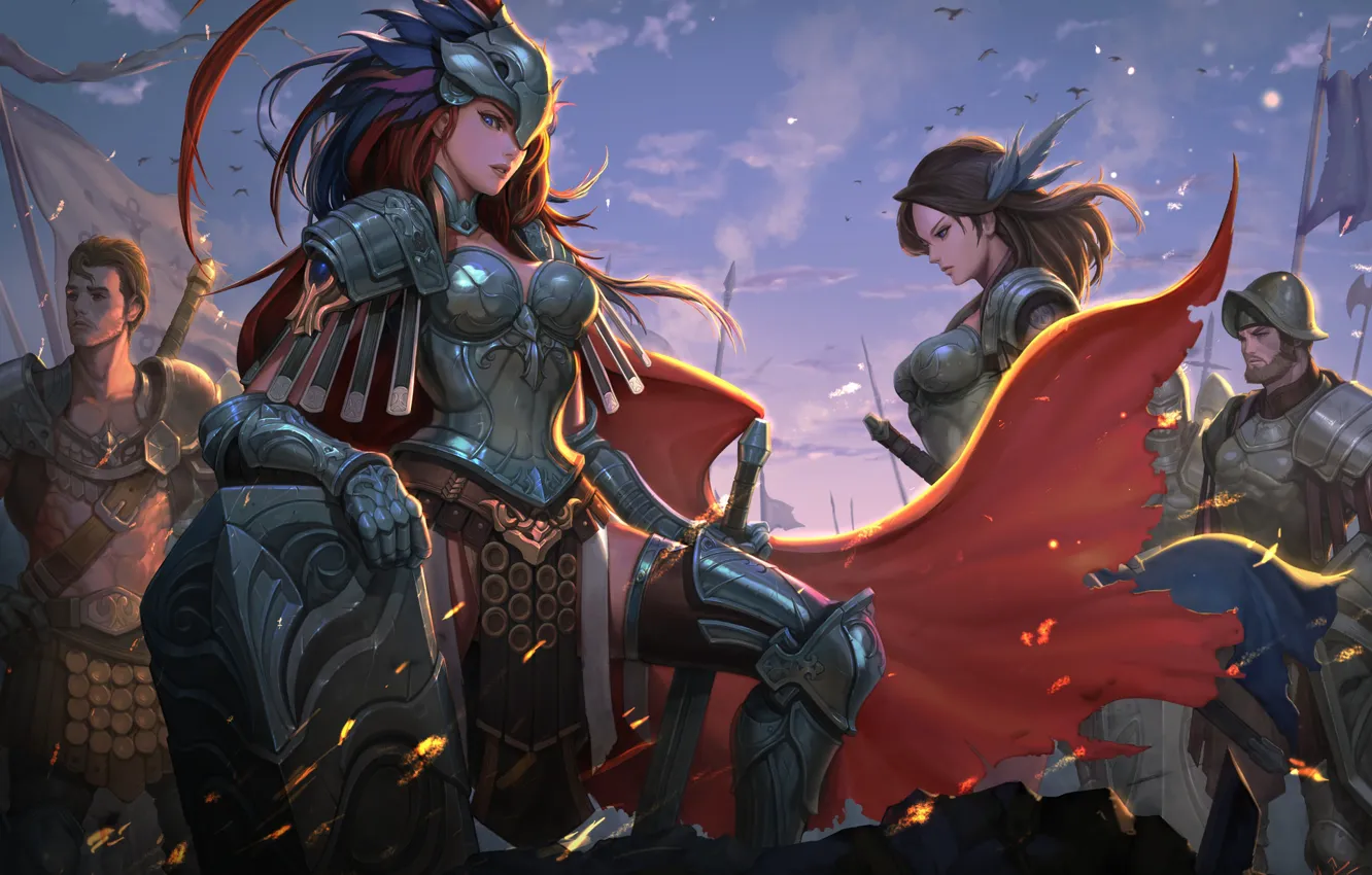 Photo wallpaper girl, sword, fantasy, soldier, armor, Warrior, artwork, shield