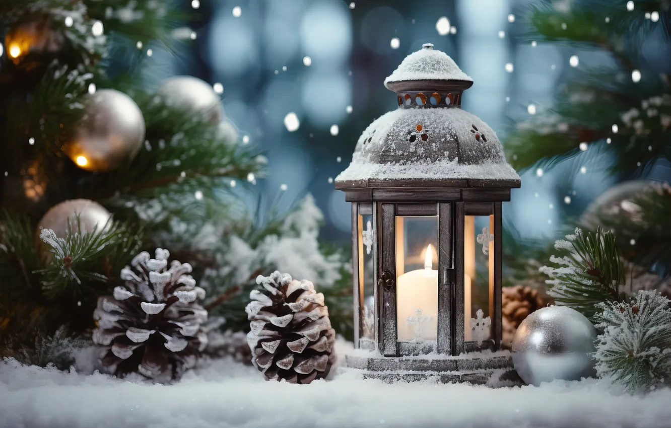 Photo wallpaper winter, snow, decoration, Christmas, winter, snow, decoration, candle
