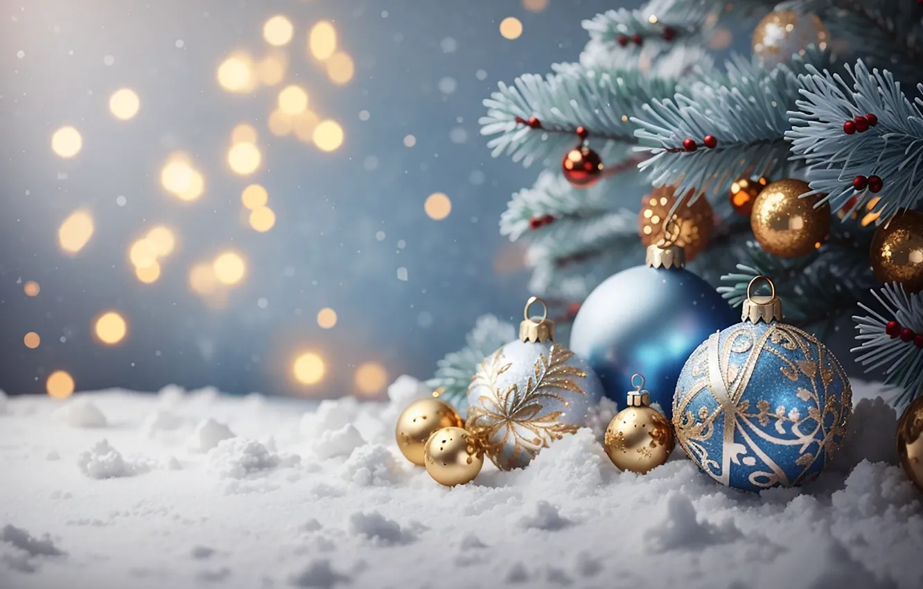 Photo wallpaper winter, snow, decoration, balls, tree, new year, Christmas, golden