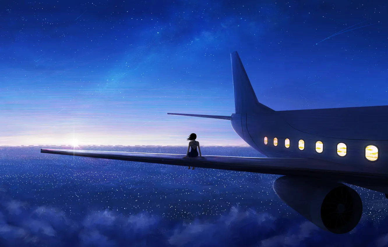 Photo wallpaper girl, the sun, flight, dawn, wings, morning, art, the plane