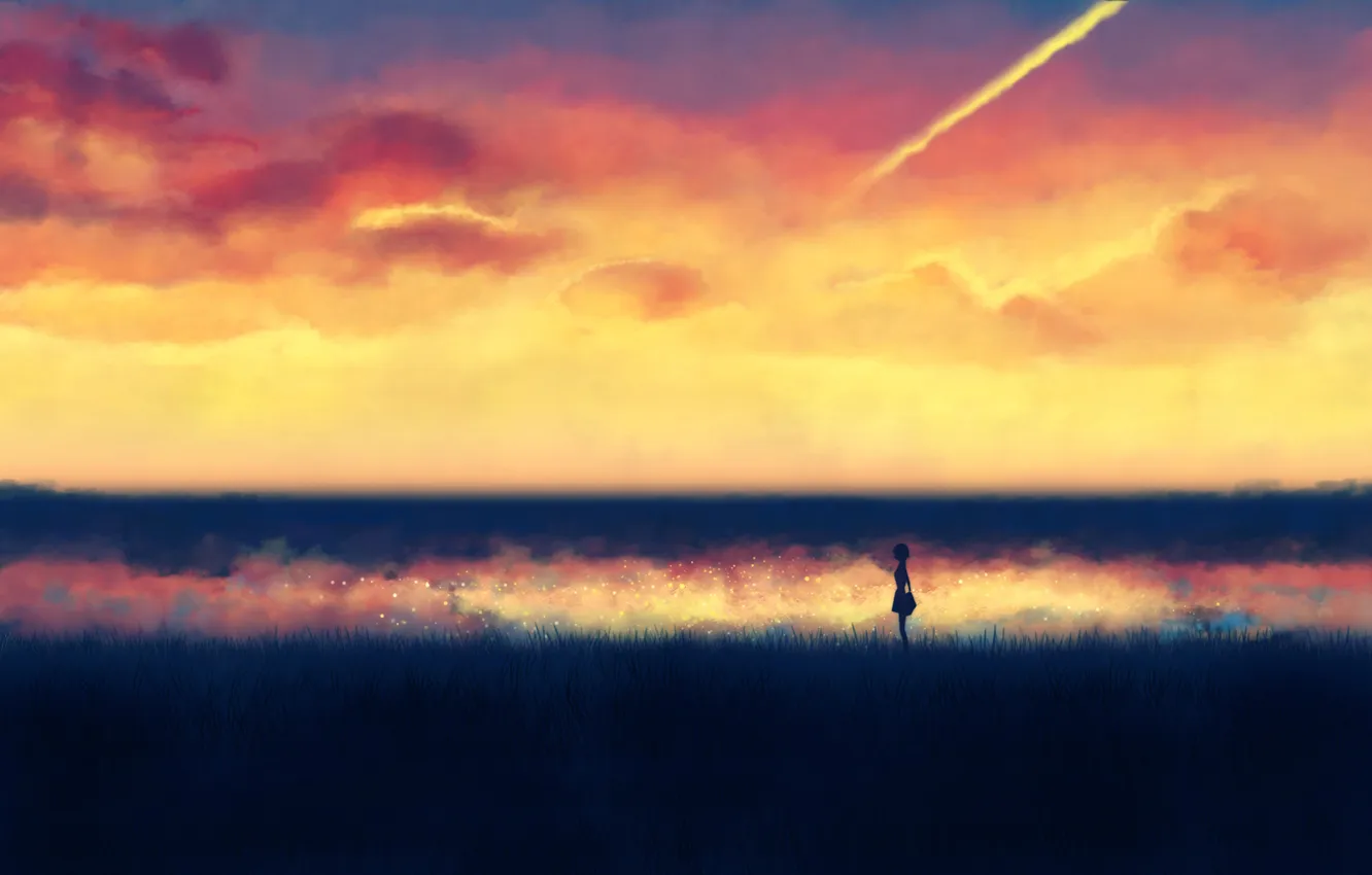 Photo wallpaper the sky, girl, clouds, sunset, silhouette, tall grass