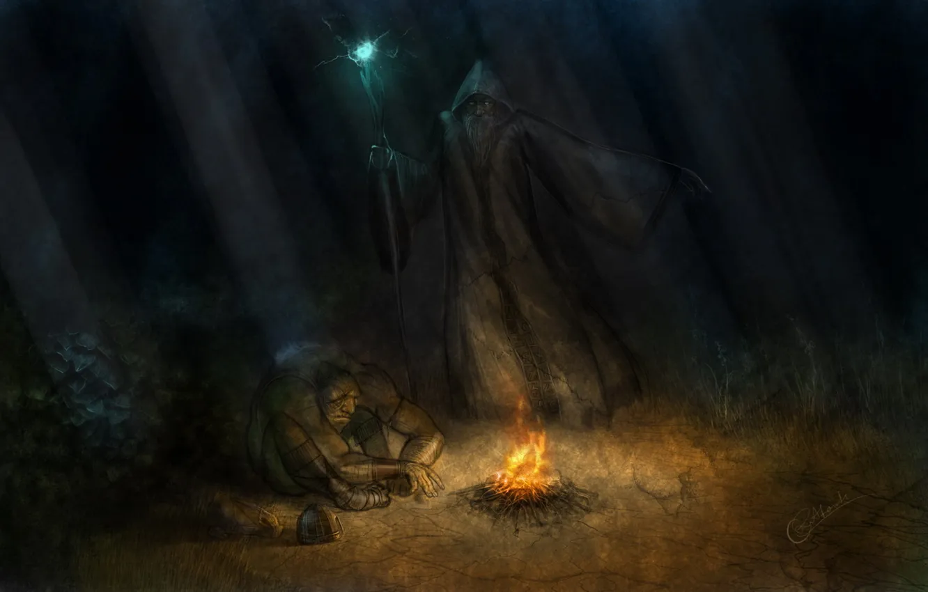 Photo wallpaper glade, monster, the fire, helmet, staff, beard, Goblin, Orc