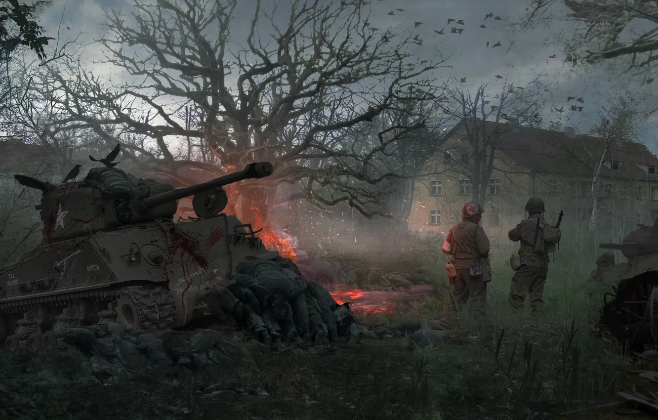 Photo wallpaper war, building, soldiers, tank