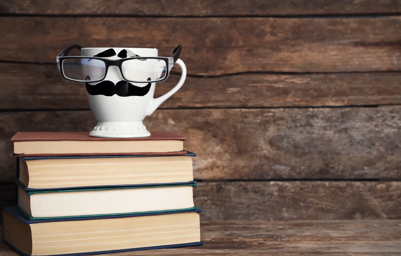 Photo wallpaper coffee, glasses, mug, book, cup, lips, funny, glasses
