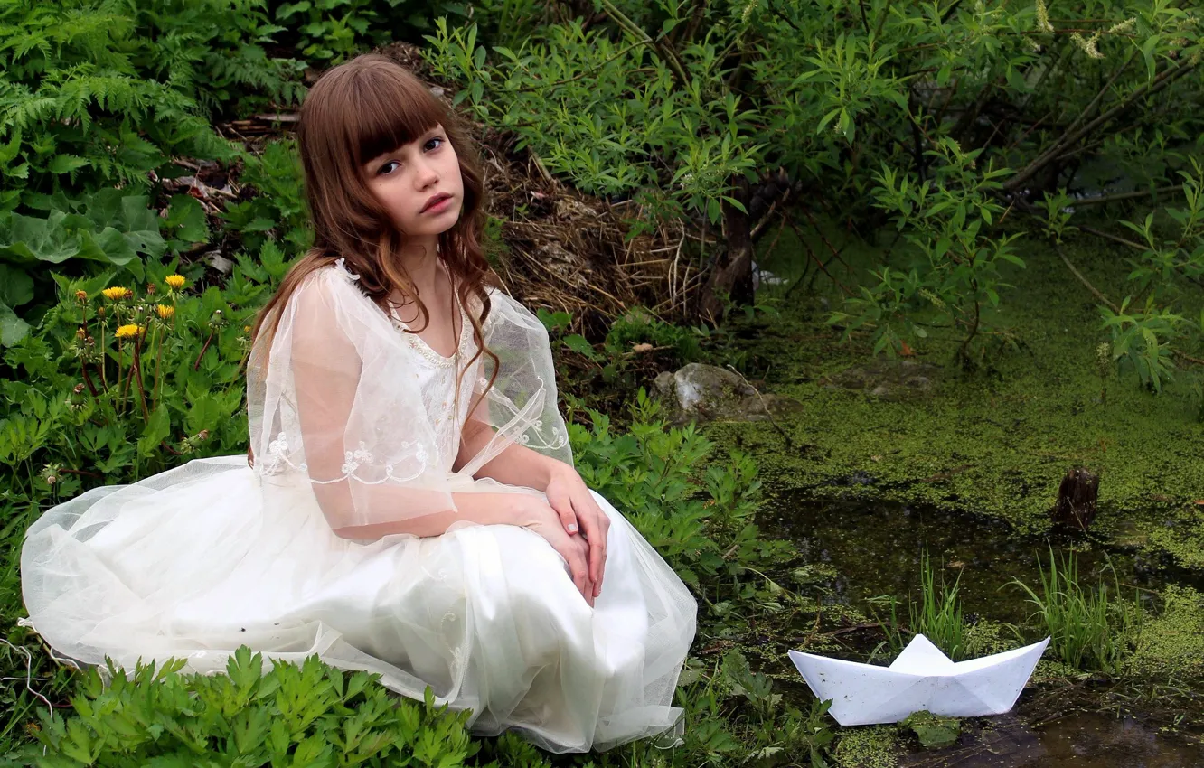 Photo wallpaper girl, boat, forest.