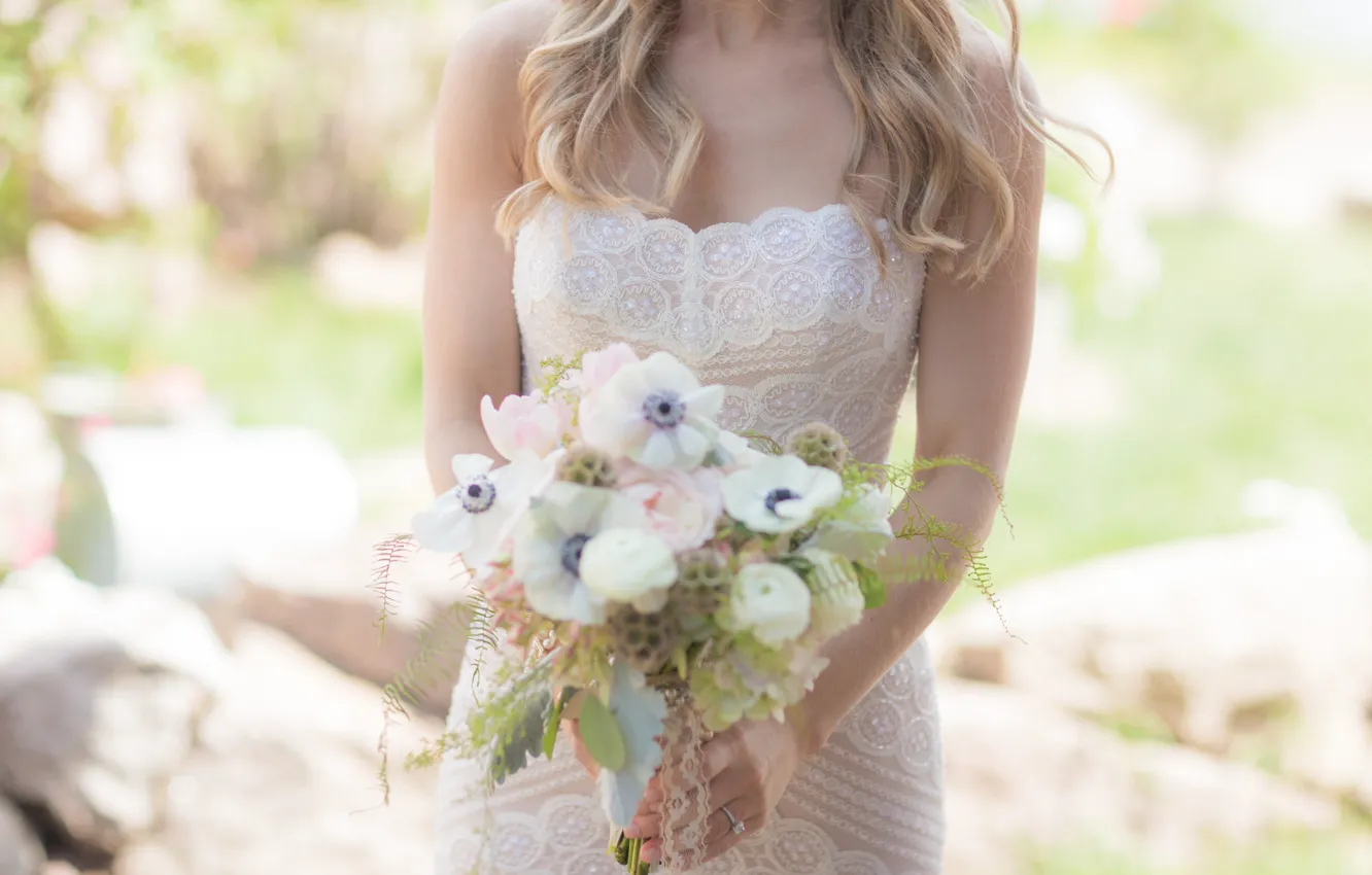 Photo wallpaper girl, flowers, bouquet, dress, the bride, wedding