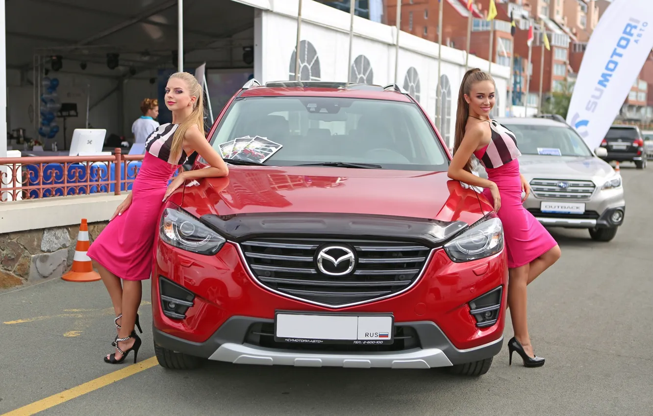 Photo wallpaper look, girl, Mazda, beautiful girls, red car, posing over the car