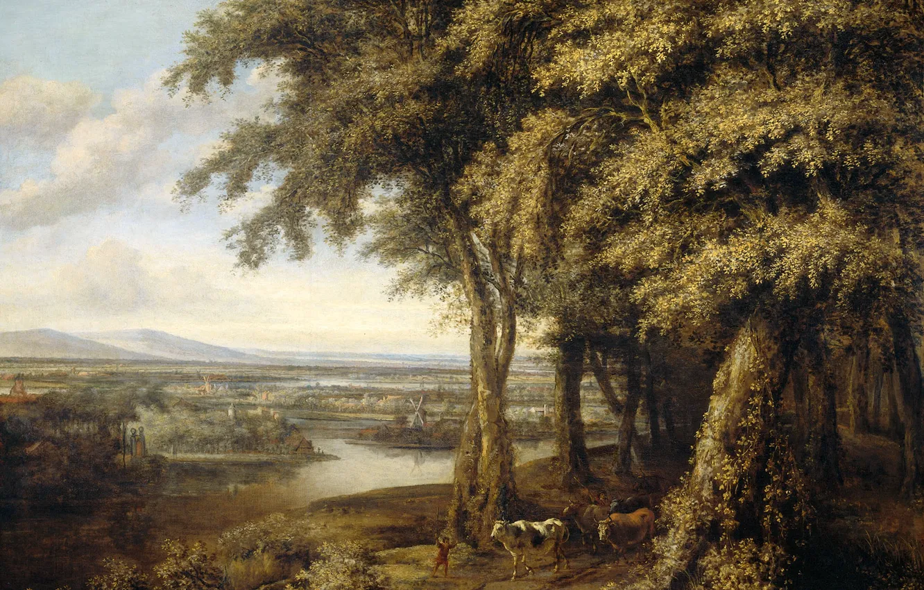 Photo wallpaper landscape, oil, picture, canvas, the edge of the forest, Philips Koninck