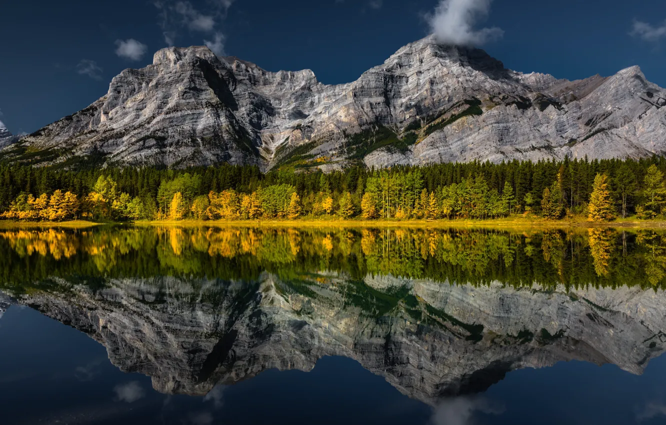 Photo wallpaper autumn, forest, mountains, lake, reflection, blue, rocks, the slopes