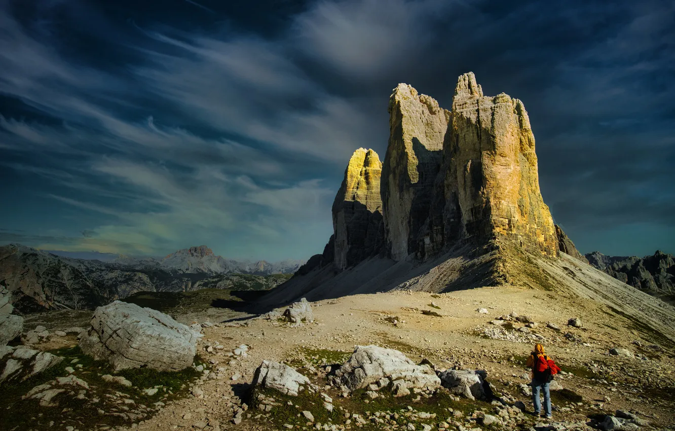 Photo wallpaper the sky, light, mountains, clouds, blue, stones, rocks, tops