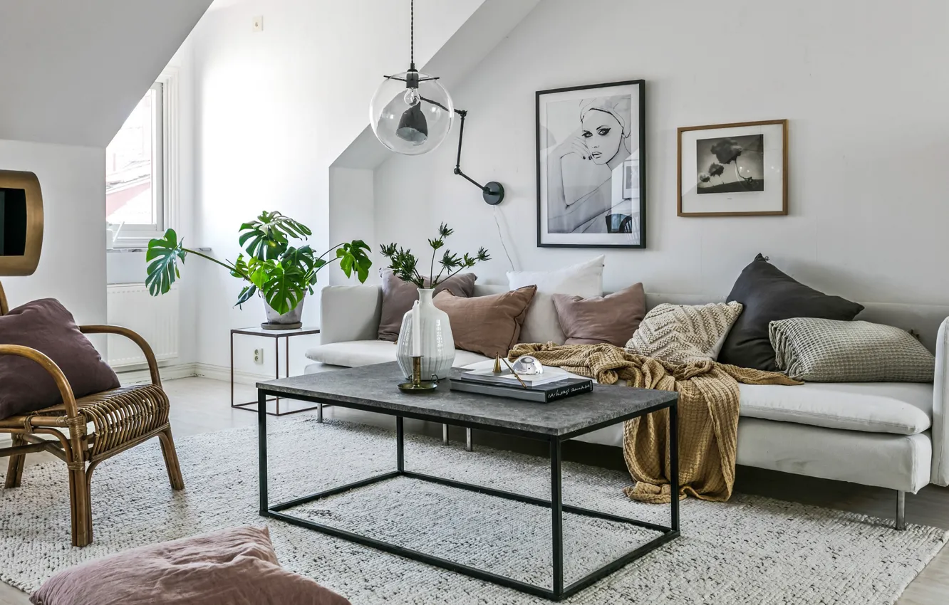 Photo wallpaper interior, sofa, living room, Scandinavian style, by Bjurfors Gothenburg, Gothenburg Apartment
