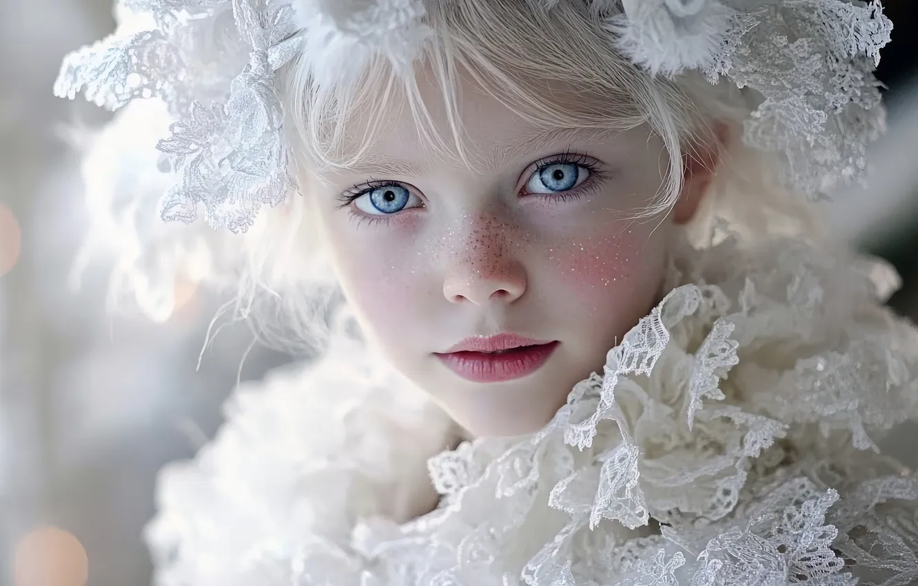 Photo wallpaper look, face, girl, blue eyes, lace, in white, albino, AI art
