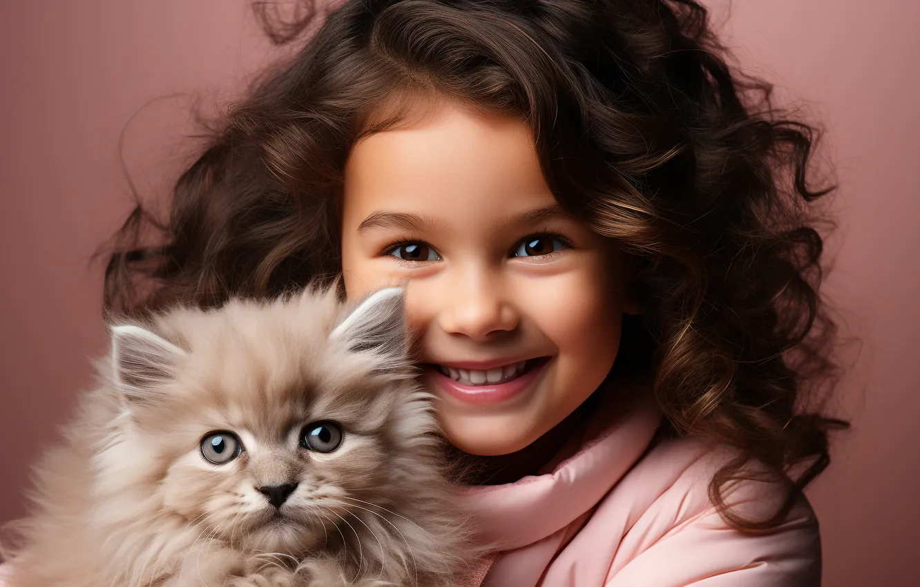 Photo wallpaper cat, look, children, face, smile, grey, each, sweetheart