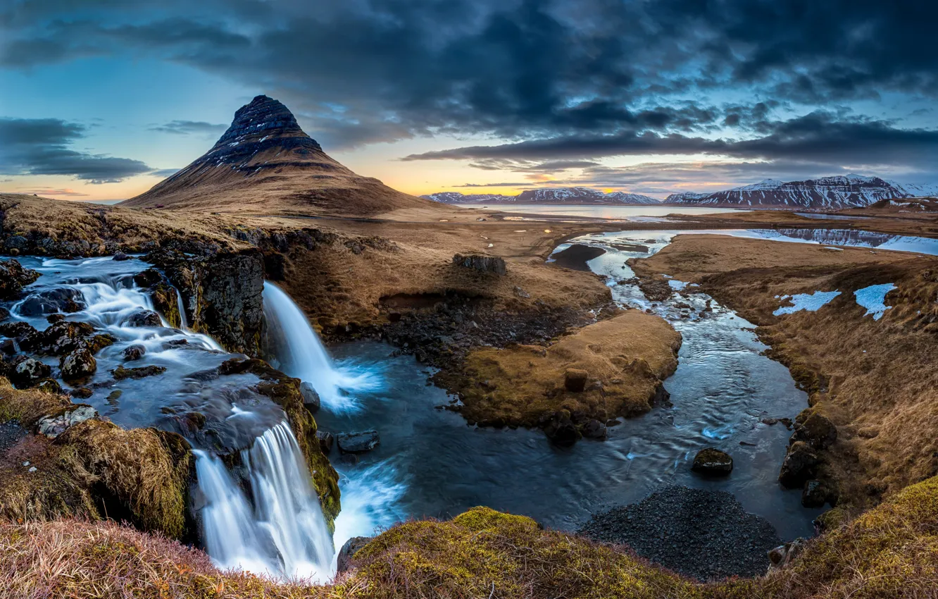 Photo wallpaper river, mountain, waterfall, Iceland, Kirkjufell, the Peninsula, Kirkjufell, Snaefellsfnes