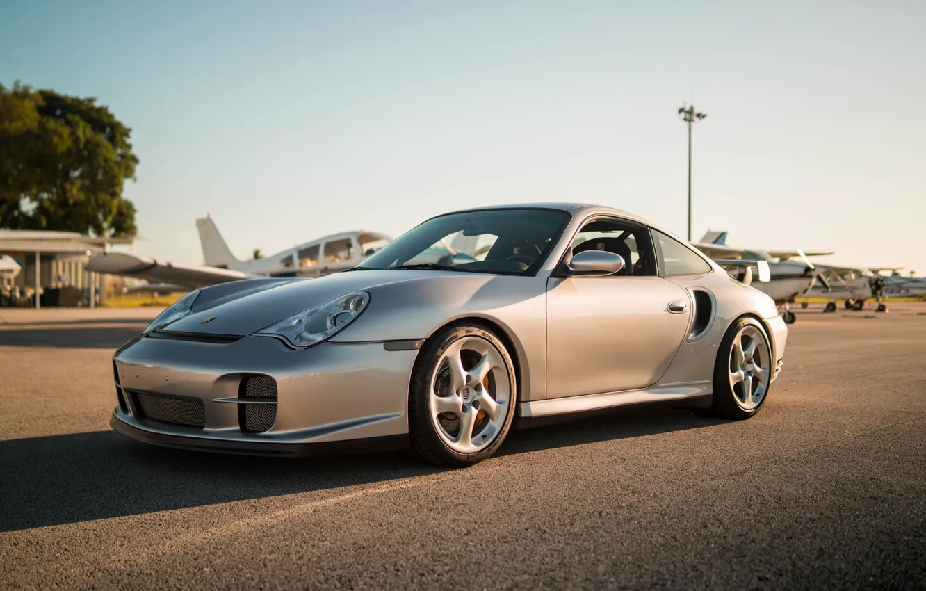 Photo wallpaper the plane, Porsche 911, Silver, Sportcar