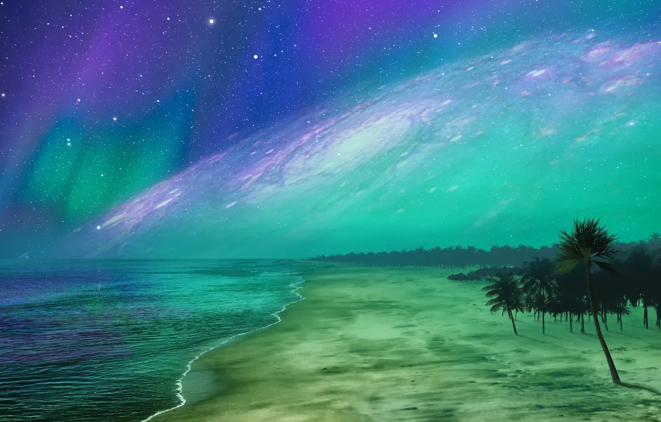 Photo wallpaper sand, sea, beach, the sky, space, stars, light, trees