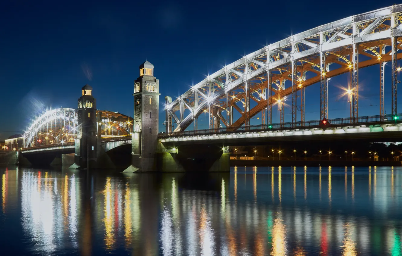 Photo wallpaper night, bridge, lights, river, Saint Petersburg, Russia, river, bridge