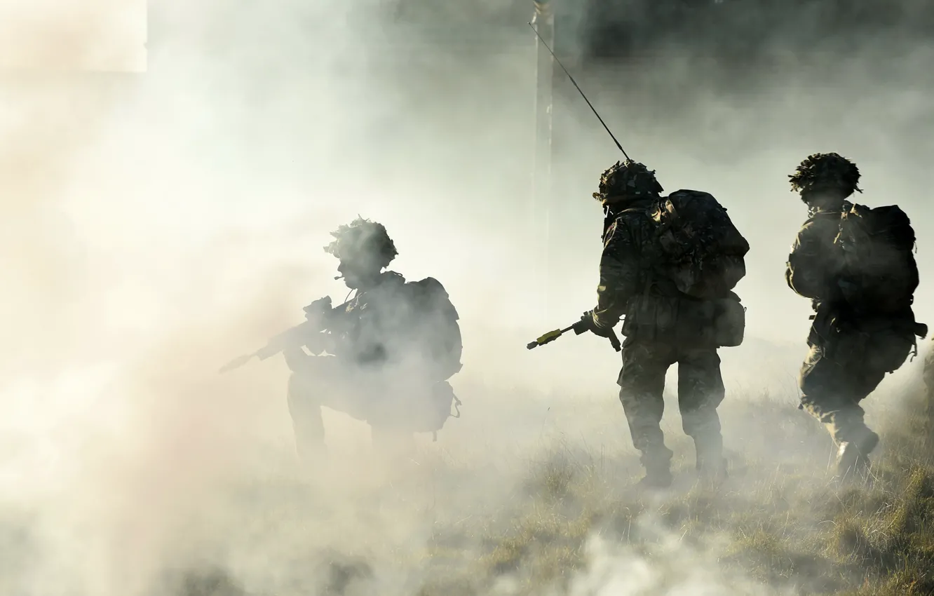 Photo wallpaper fog, weapons, smoke, army, soldiers
